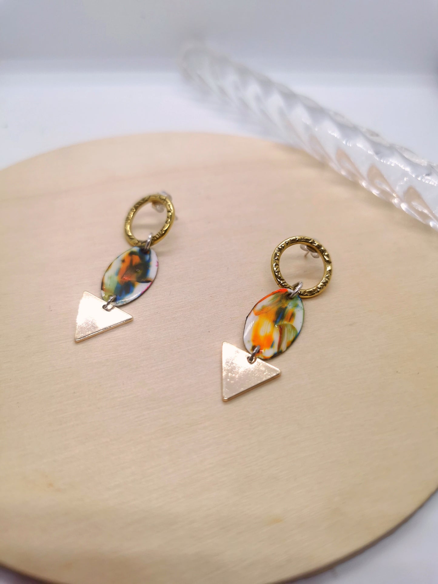 'Colour pop' Drop earrings with texture brass circle and gold plated triangle.