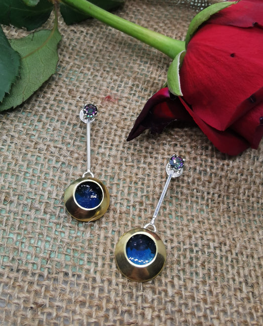 Silver and Brass Earrings with Mystic Fire Topaz.