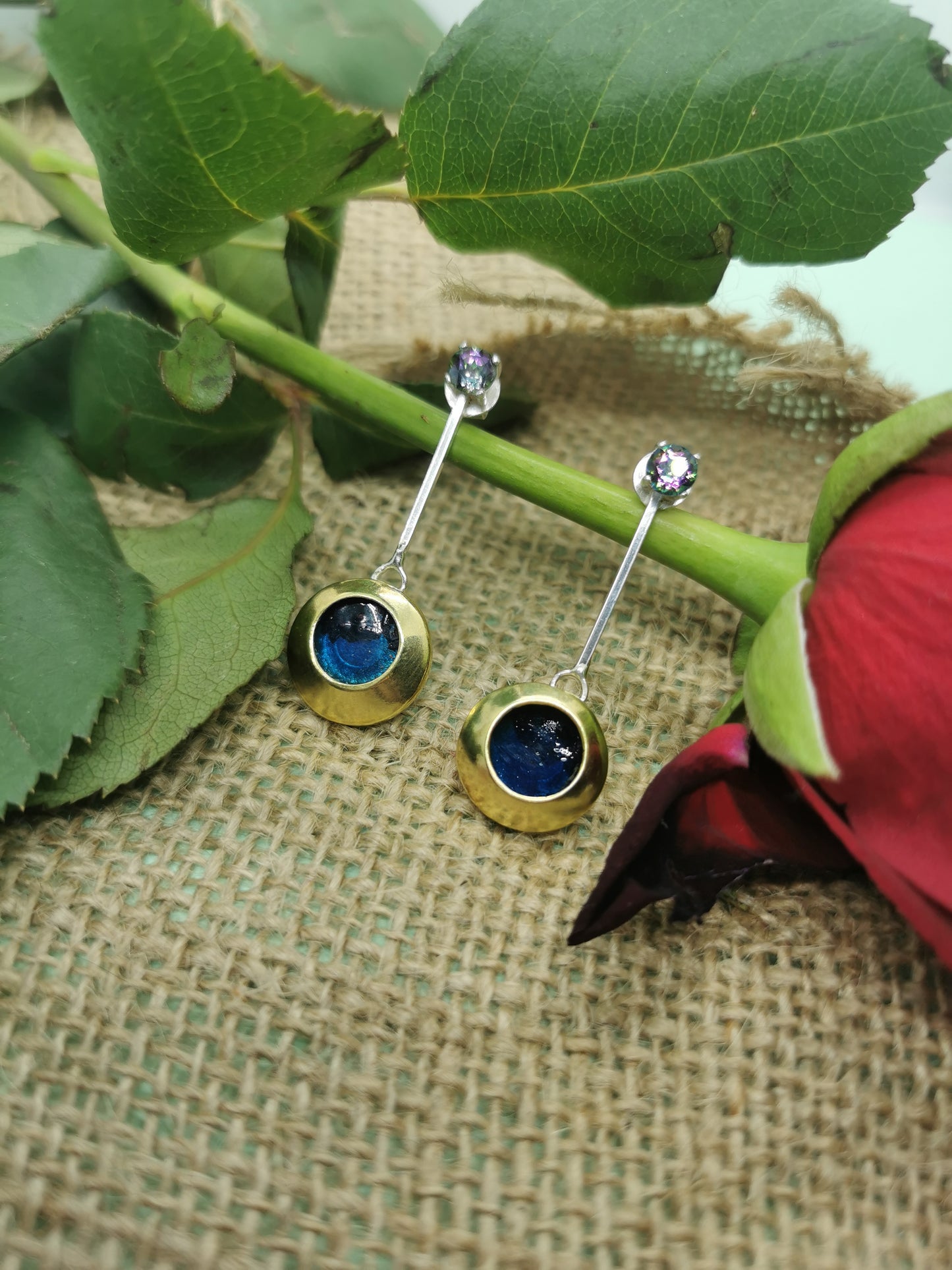 Silver and Brass Earrings with Mystic Fire Topaz.