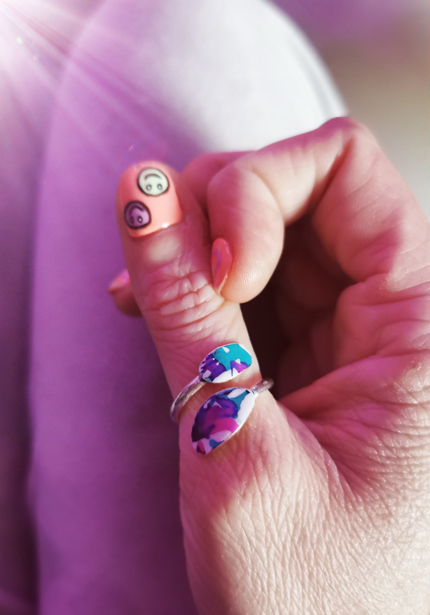 Forget-Me-Not Blue, Sweet Plum and Hot Pink Sterling Silver Wrap Around Ring.