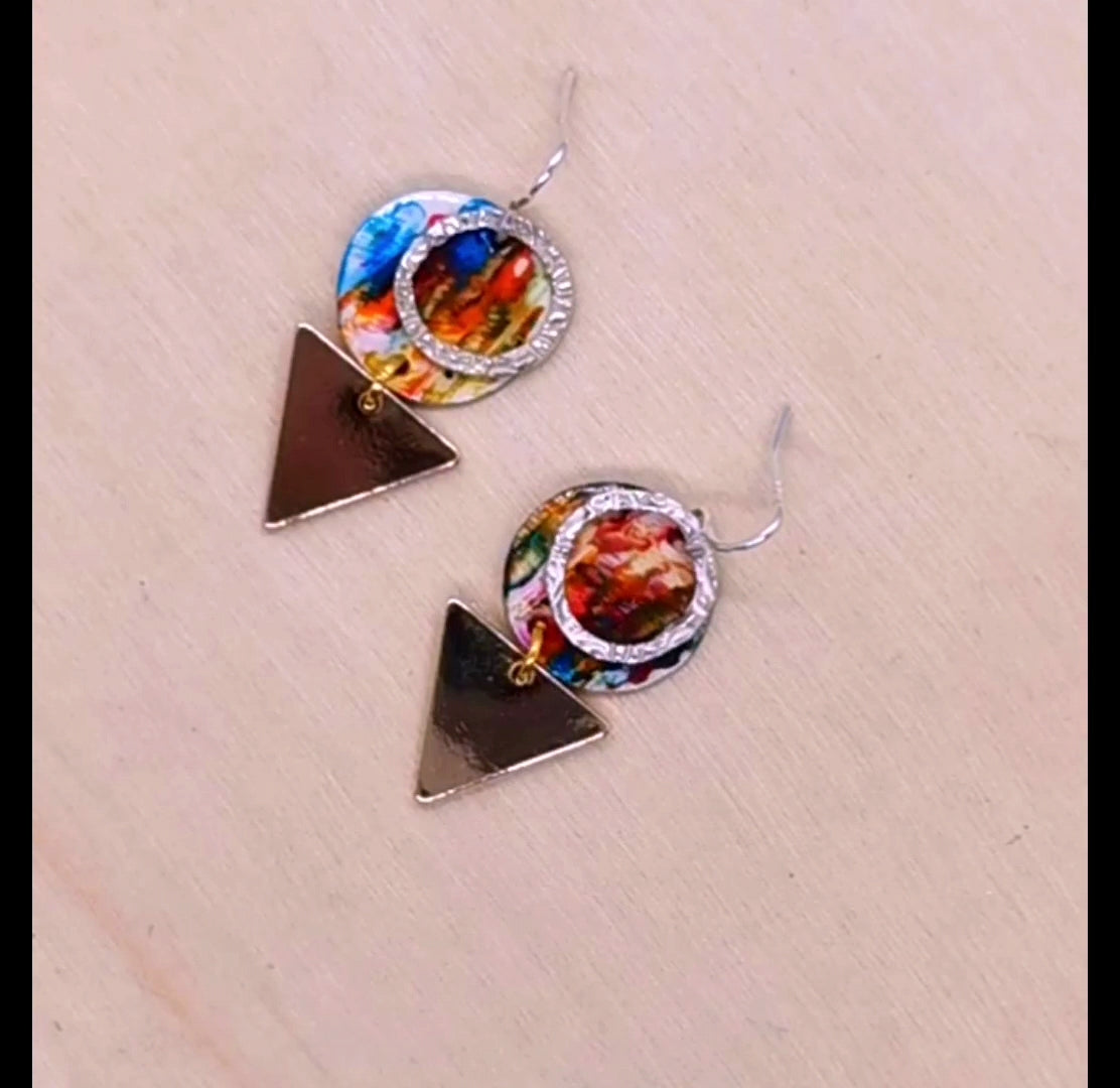 'Colour pop' Silver, brass and enamel earrings.